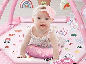 Baby Gym Play Mat, 8-in-1 Tummy Time Mat & Ball Pit with 6 Toys, Washable Baby Activity Mat for Visual, Hearing, Sensory, Motor Development, Babies Gift for Newborn Infant 0-3-6-9-12 Months (Pink)