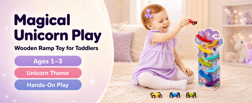 Montessori Toys for 2 Year Old Girls and Boys; Wooden Car Ramp for Cause-and-Effect and Hand-Eye Coordination; Birthday Gift Unicorn Car Ramp Toys for Toddlers 1-3, Wooden Race Track with 4 Mini Cars B0H7HBYL82