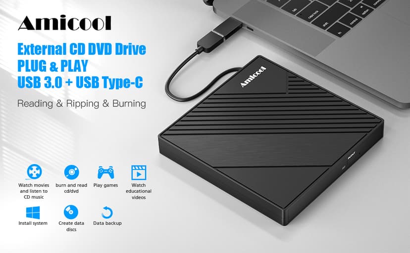 Amicool External DVD Drive USB 3.0 USB C CD Burner CD/DVD +/-RW Optical Drive, Slim Portable DVD CD ROM Rewriter Writer Duplicator for Laptop Desktop PC Windows 11/10/8/7 MacBook Mac Linux OS Apple