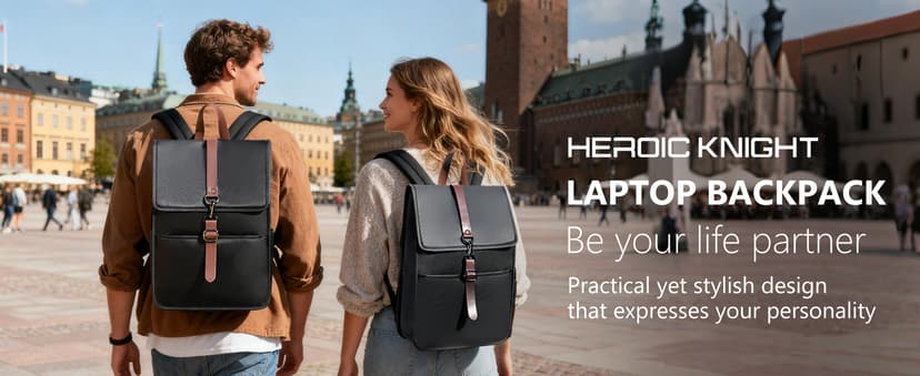 HEROIC KNIGHT Laptop Backpack for Men Women, Slim Work Travel Backpack with USB Charging Port, Lightweight Computer College Backpack Bag, Vintage Commuter Casual Daypack Fits 15.6 Inch Laptop,Black