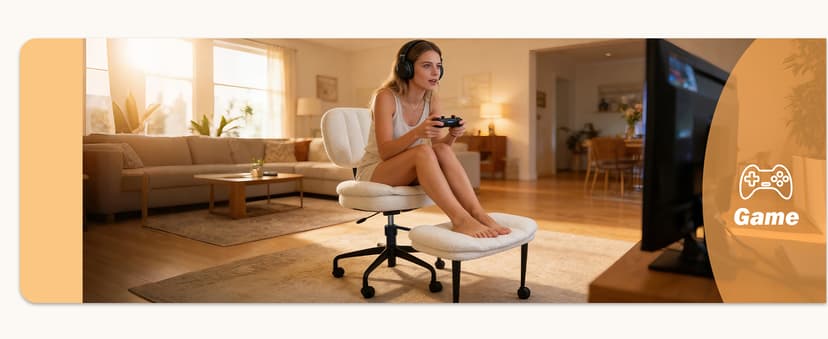 Criss Cross Chair with Footrest, 360° Swivel Faux Shearling Office Chair, Extra Wide Seat with Sofa-Like Comfort, Ergonomic Cross Legged Desk Chair for Cozy Reading, Meditation