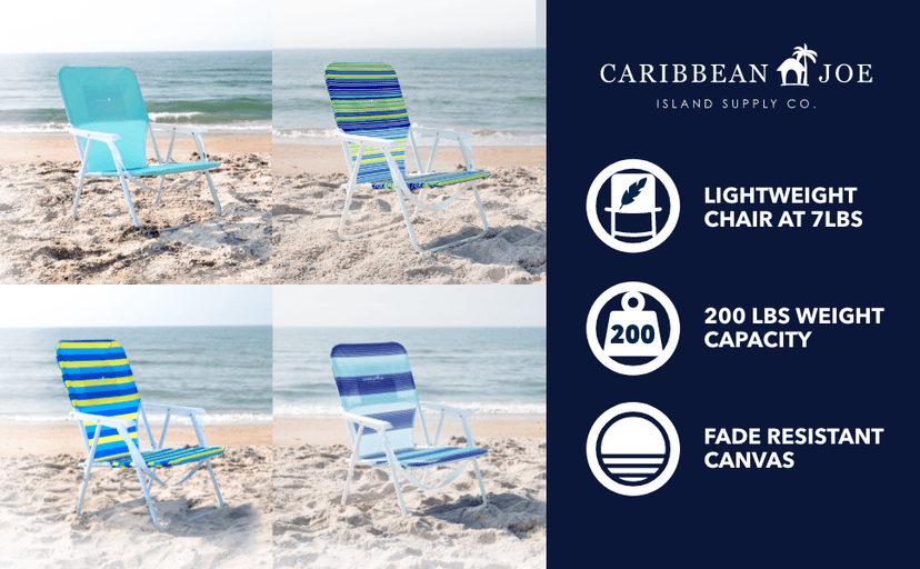 CARIBBEAN JOE Folding Beach Chair, 1 Position Lightweight and Portable Foldable Outdoor Camping Accessories with Carry Strap (Bold Stripe, 200lbs Capacity)