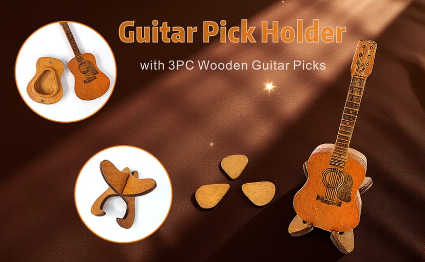 Doyyi Wooden Music Accessory Case with 3 Guitar Picks, Portable Holder and Storage Box for Plectrums - Thoughtful Gift for Guitar Players