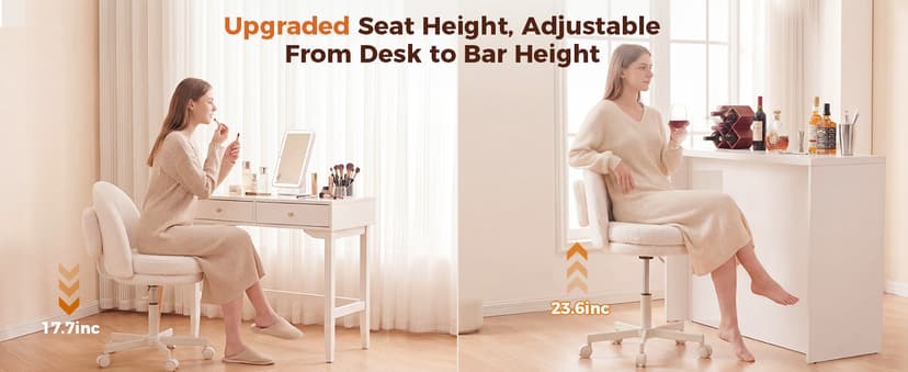 GTPLAYER Velvet Tall Office Chair with Wheels Vanity Chairs with Back, Versatile Height Use: Office to Bar Stools Small Ergonomic Comfy Armlees Computer Desk Chair with Bow Lumbar Pillow for Gift