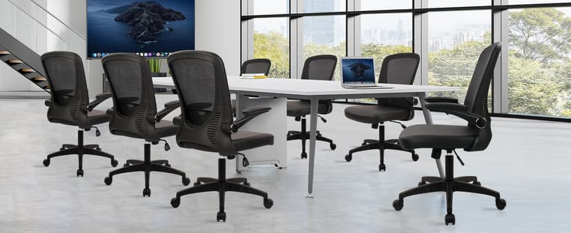 CLATINA Desk Chairs with PU Leather Seat, Flip Up Arms Ergonomic Mesh Back Office Chair with Lumbar Support, Adjustable Height Swivel Rolling Computer Chairs for Home Conference Meeting, Black, 8 Pack