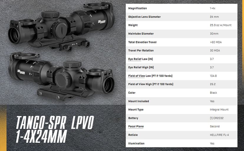SIG SAUER Tango-SPR 4-16x44mm 30mm Tube Second Focal Plane/SFP/F2 Shockproof Waterproof Fogproof Tactical Riflescope | MOA BDC-1 Reticle, SPR Scope Mount, Flip-Back Caps Included, SOTS44000