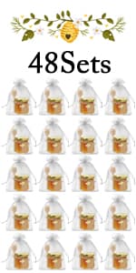 Aliggbent 48 Pack Mini Honey Jars Party Favors in Bulk, 1.5 oz Small Hexagon Glass Honey Jars with Dippers, Lids, Cute Stickers, Bee Charms, Gift Bags and Jute for Baby Showers, Weddings & Birthdays