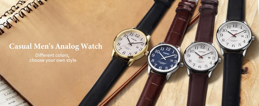 Kakabi Watch for Men, Easy Reader Unisex Analog Quartz Waterproof Wristwatch with Date and Leather Band, Casual Simple Fashion Mens Watches Gift