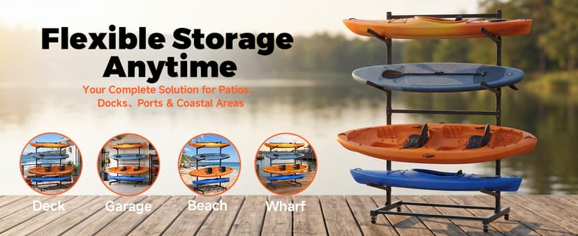 Kayak Storage Rack with Wheel, Adjustable Kayak Racks, Carbon Steel Water Sport Watercraft Storage Rack for Canoes or Surfboards