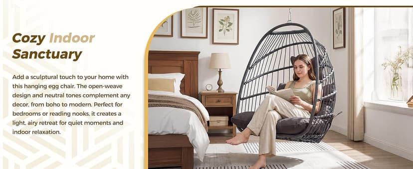 Nicesoul Outdoor Hanging Egg Chair Without Stand, Patio Wicker Swing Egg Basket Chairs with Padded Cushion, 350 Lbs Comfy Cozy Ceiling Tree Swinging Egg-Shaped Chair No Stand for Indoor Balcony, Beige