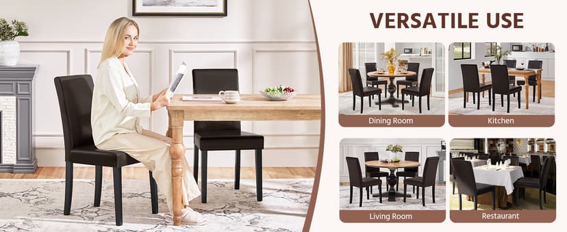 Yaheetech Dining Chairs Set of 4 PU Leather Dining Room Chairs with Waterproof Surface and Wood Legs for Kitchen Restaurant and Living Room, Dark Brown