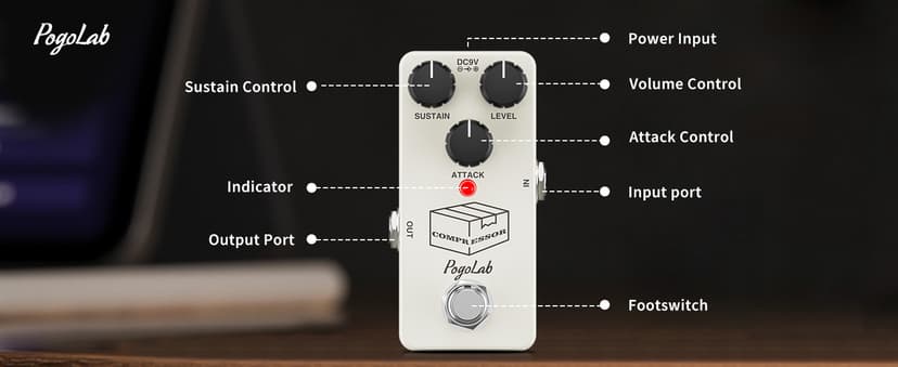 Pogolab Compressor Pedal, Guitar Pedal Compressor, Mini Compressor Pedal for Electric Guitar Bass, True Bypass DC 9V