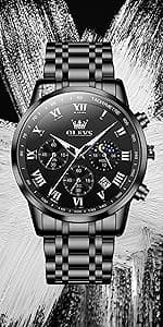 OLEVS Watches for Men Analog Quartz Luxury Diamond Waterproof Chronograph Stainless Steel Big Face Square Date Moon Phase Roman Numeral Dress Watch for Men