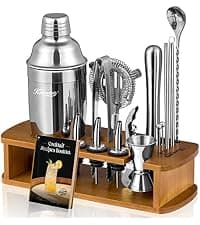 KITESSENSU Cocktail Shaker Set Bartender Kit with Stand | Bar Set Drink Mixer Set with All Essential Accessory Tools: Martini Shaker, Jigger, Strainer, Mixer Spoon, Muddler, Liquor Pourers |Silver B08BYJ8KSR