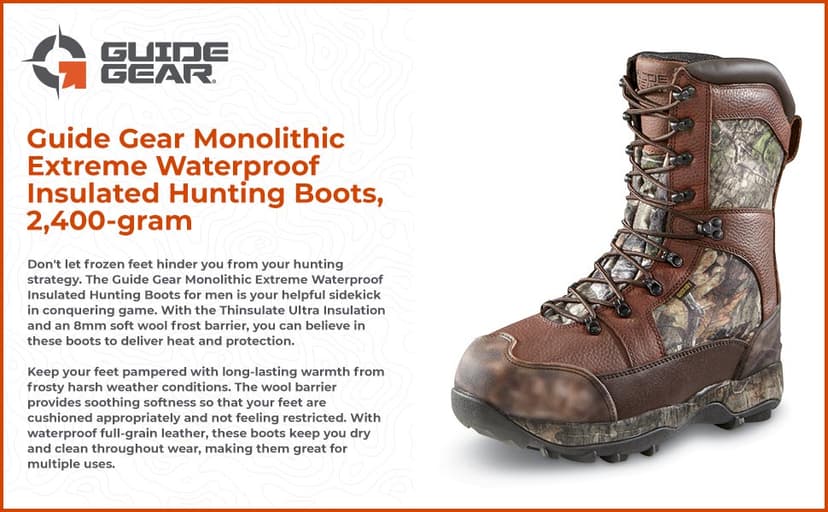 Guide Gear Leather Hunting Boots for Men Monolithic Extreme Waterproof Insulated, 2,400-gram Thinsulate Ultra