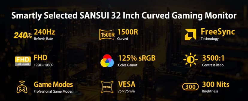 SANSUI 32 Inch Curved 240Hz Gaming Monitor High Refresh Rate, FHD 1080P Gaming PC Monitor HDMI DP1.4, Curved 1500R, 1Ms MPRT, HDR,Metal Stand,VESA Compatible(DP Cable Incl.)