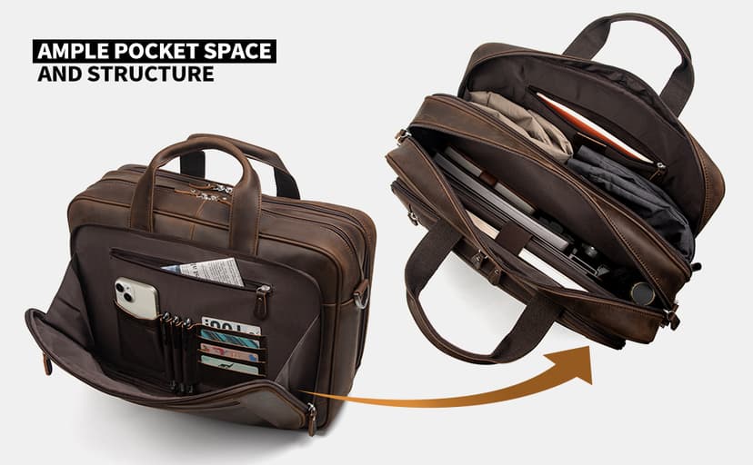 Augus Business Travel Briefcase Genuine Leather Duffel Bags for Men Laptop Bag fits 15.6 inches Laptop YKK Metal Zipper (Dark brown)