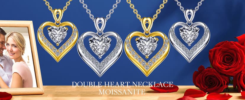 2-3 Ct Moissanite Double Heart Pendant Necklaces for Wife, 18K Gold Plated S925 Silver Jewelry for Women Girlfriend Mom Her on Anniversary Birthday