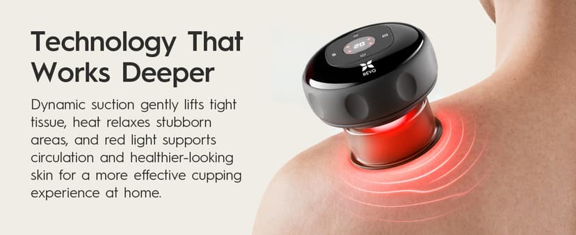 REVO The Original 4-in-1 Smart Cupping Therapy Massager, Red Light Therapy for Targeted Pain Relief, Knots, Aches, Muscle Soreness, Circulation & Tighter Skin, Portable Cupping Kit