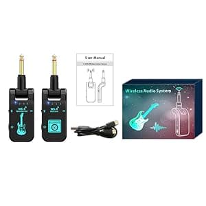 Wireless Guitar System 2.4 GHz with 8 Channels Rechargeable Audio Wireless Guitar Transmitter Receiver for Electric Guitar Bass Electric Wind Instruments,48K/16bit Real-time Transmissio (Black)
