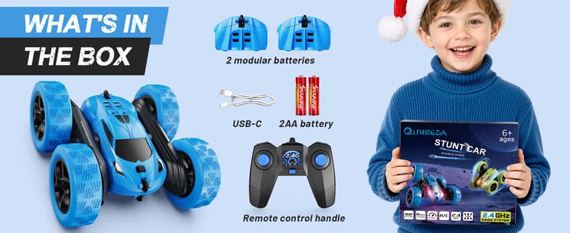 Remote Control Car, RC Cars Toys for Kids Ages 6-12, 4WD Stunt Car with LED Lights & 360° Flips, 2.4GHz, Upgraded USB-C Modular Batteries, 8-10 Year Old Boys Birthday Gift 1-Blue