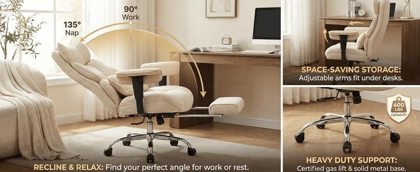 Efomao Executive Office Chair, Soft-Cushioned Computer Chair with Foot Rest, Fabric Home Office Desk Chairs, Big and Tall Office Chairs, Grey