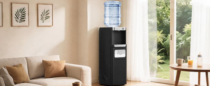 4 in 1 Water Cooler Dispenser with Ice Maker, Hot & Cold Water Dispenser for Home & Office, 33lbs/24H Bullet Ice, Top Loading 3-5 Gallon, Child Safety Lock, Ice Ready in 7 Mins (Black)