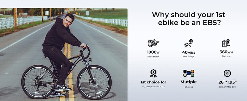 Jasion EB5 Electric Bike for Adults with Peak 1000W Brushless Motor, 40Miles 20MPH Commuting Electric Mountain Bike with 360Wh Removable Battery, 7-Speed, 26" Tires and Front Fork Suspension