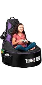 Throne Boss Gaming Bean Bag Chair Cover for Kids with High Back, Blue – Gamer Chair for Kids with 2 x Large Side Pockets, Headphone Hanger, Easy to Clean Fabric, Requires 200 Liters Polystyrene Beans