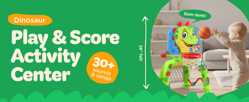 Move2Play, Dinosaur Basketball Hoop & Soccer Goal Activity Center | 30+ Sounds & Songs + 5 Lights | 1 2 3 Year Old for Boys and Girls | Toy & Gift for Baby & Toddlers B0FJSJHNHY