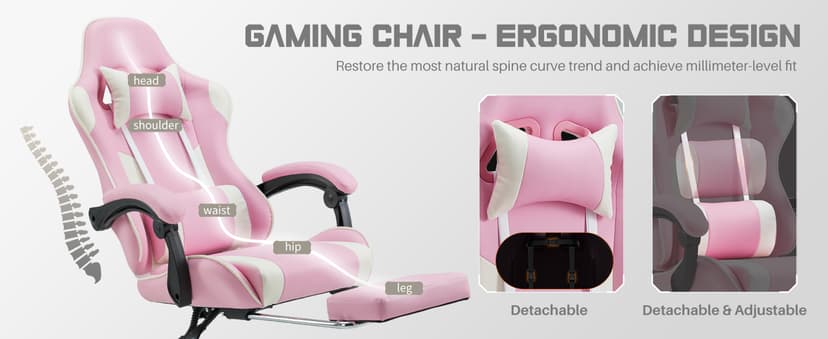DUMOS Ergonomic Gaming Office Desk Chair with Footrest and Headrest for Adults, PU Leather Video Computer Chair with Linkage Armrests, Height Adjustable 360° Swivel Recling Chair, White Pink