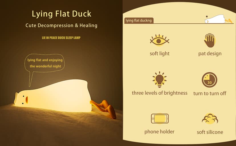 MUID Benson Lying Flat Duck Night Light, LED Squishy Duck Lamp, Cute Light Up Duck, Silicone Dimmable Nursery Nightlight, Rechargeable Bedside Touch Lamp for Breastfeeding, Finn The Duck.
