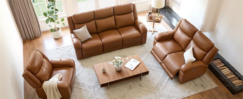 Watson & Whitely Genuine Leather Power Recliner Sofa, 3 Seater Wall Hugger Reclining Sofas with Power Headrest, USB & TypeC Ports, Electric Recliner Couch Set for Living Room, Saddle Brown