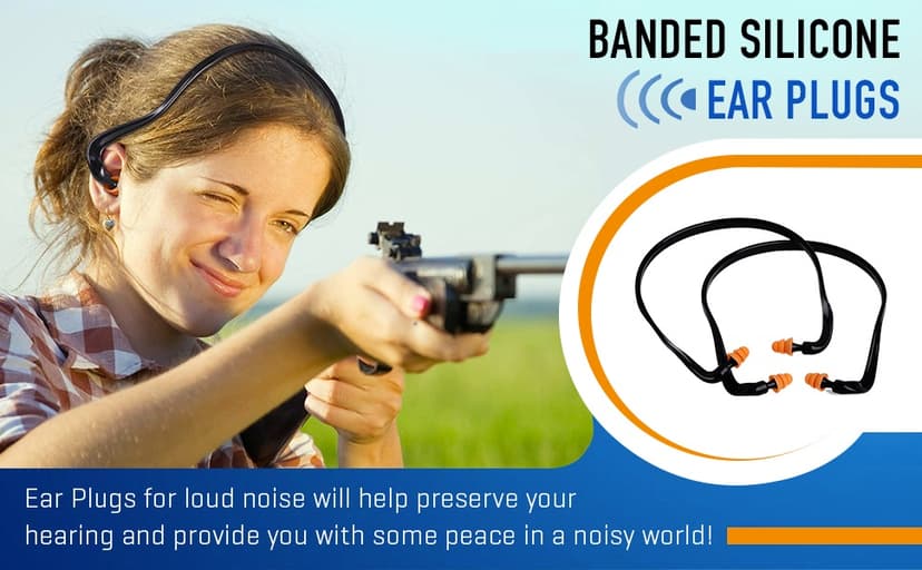 2 Banded Ear Plugs with 10 Pairs of Replacement Pods - Reusable Shooters Ear Protection for Mowing Shooting Construction Hunting - Washable Gun Range Hearing Protection Ear Plugs for Noise Reduction