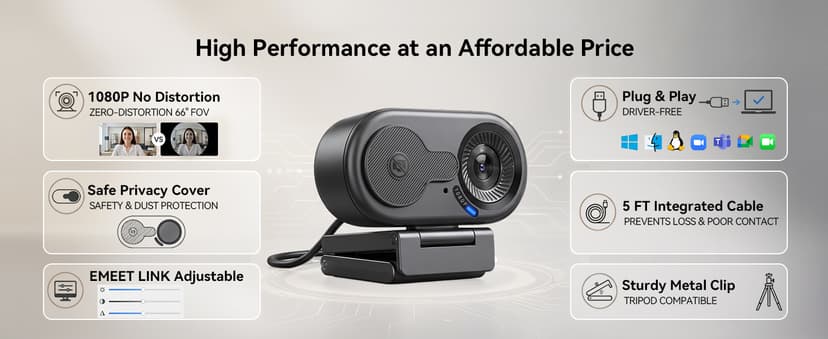 EMEET C100 1080P Webcam for PC, Fixed Focus, 66° FOV, Built-in Mic, Privacy Cover, Portable Metal Clip, Computer Camera for Home Office, Online Learning, Meetings, Streaming, Desktop, Laptop, PC USB-A