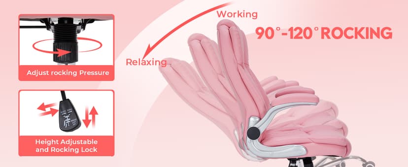 400lbs Executive Office Chair with Flip-Up Armrests, Big and Tall Computer Chair for Heavy People, Heavy Duty Ergonomic Comfy Chair, Breathable PU Leather (Pink)