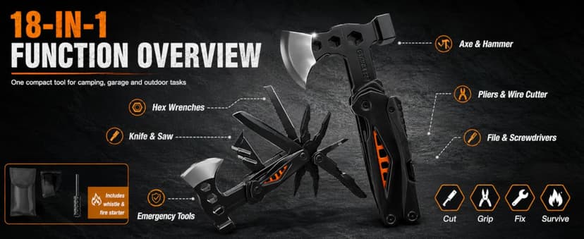 18-in-1 Multitool Hatchet Camping Axe with Hammer & Knife with Protective Sheath, Survival Gear for Men Dad, Emergency Car Tool & Hiking Accessories, Cool Gadgets for Outdoor Hiking Emergency