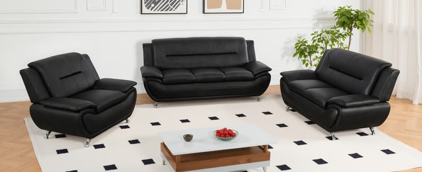 Ocstta Modern 3 Piece Living Room Couch Set, Faux Leather Sofa Set, Black