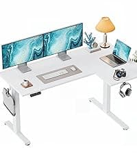 HUANUO L-Shaped Standing Desk, 63 x 40 inch Dual Motor Corner Standing Desk, Electric Height Adjustable Computer Desk with Cable Tray & 3 Preset Heights, Raising Desk for Home Office, White, HNESD109