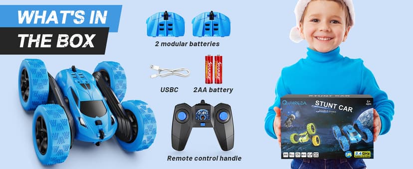 Remote Control Car, RC Cars Toys for Kids Ages 6-12, 4WD Stunt Car with LED Lights & 360° Flips, 2.4GHz, Upgraded USB-C Modular Batteries, 8-10 Year Old Boys Birthday Gift 1-Blue