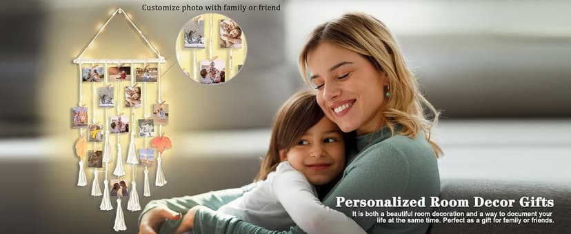 Homecor Hanging Photo Display Wall Decor, Macrame Wall Hanging Boho Room Bedroom Decor, Picture Frame Collage Board with Light 30 Clip, Christmas Teenage Teen Girl Gifts Ages 10 11 12 13 14 Years Old