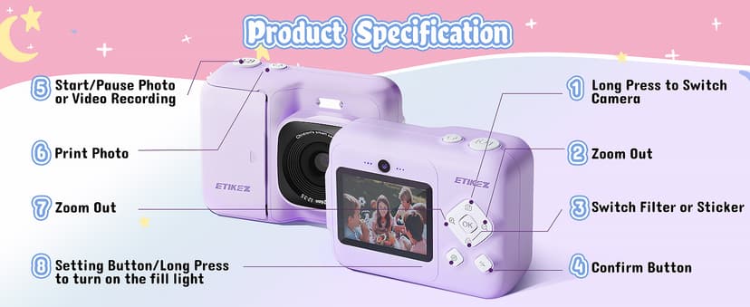 Kids Camera, 1080P Instant Digital Print Camera for Kids, Christmas Birthday Gifts for 4 5 6 7 8 9 10 Year Old Girls Boys, Portable Toy with 32GB SD Card & 3 Rolls Printing Paper, Purple