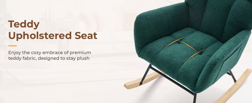 DUMOS Nursery Rocking Chair Teddy Upholstered, Comfy Glider Rocker with High Backrest Armchair Padded Seat, Accent Side Chair for Living Room Bedroom Offices Small Spaces Indoor, Green