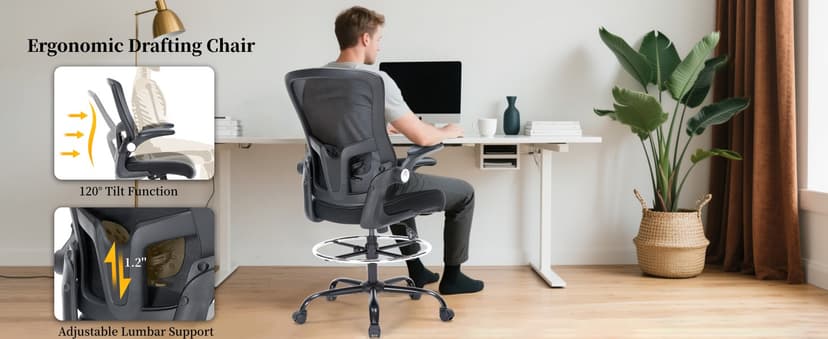 Drafting Chair, Tall Office Chair with PU Leather Seat, Ergonomic Standing Desk Chair with Lumbar Support Counter Height Office Chair with Adjustable Footrest Ring Flip-up Armrests