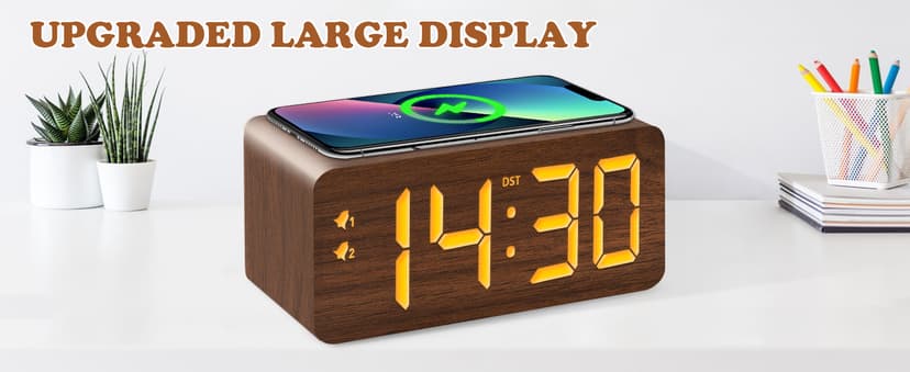 URAYCO Wood Digital Alarm Clock with 10W Fast Wireless Charger, USB Charging Ports, DST, Dimmable, Snooze, Large Number LED Display for Bedrooms, Desk, Living Room Table, Bedside, Nightstand (Brown)