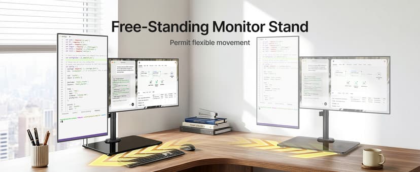 monTEK Freestanding Dual Monitor Stand with Sleek Glass Base for 17-32 inch Screens, Heavy-Duty Dual Monitor Mount Holds 22 lbs per Arm, Fully Motion Height Adjustable, VESA 75/100 MM