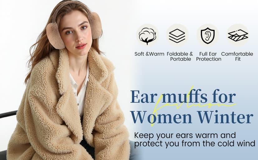 Pleneal Ear Muffs for Winter Women, Foldable Earmuffs Faux Fur Warm Ear Warmers for Women, Outdoor Cute Ear Covers for Girls