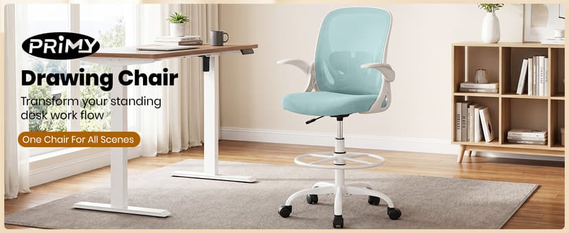 Primy Drafting Chair Tall Office Chair with Flip-up Armrests Executive Ergonomic Computer Standing Desk Chair with Lumbar Support and Adjustable Footrest Ring(Light Blue)