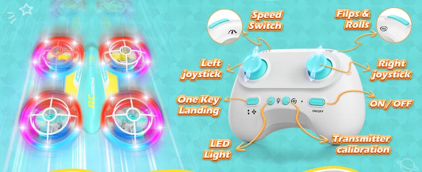 LED RC Drone for Kids 6+, Christmas Birthday Gift for Boys & Girls with Remote Batteries, 360° Flip, High Speed Mode, 45 Min Flight Indoor and Outdoor Flying Toy - Blue Yellow