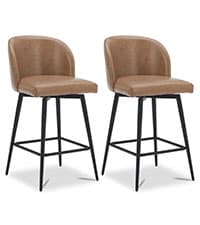 Watson & Whitely Mid Century Modern Barstools Set of 2, 26" H Upholstered Counter Height Bar Stools with Wood Armrests and Metal Legs, Fabric in Beige